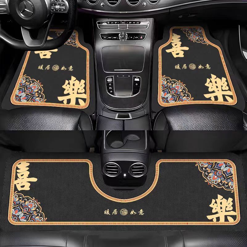中式黑底水晶绒汽车脚垫后排连体