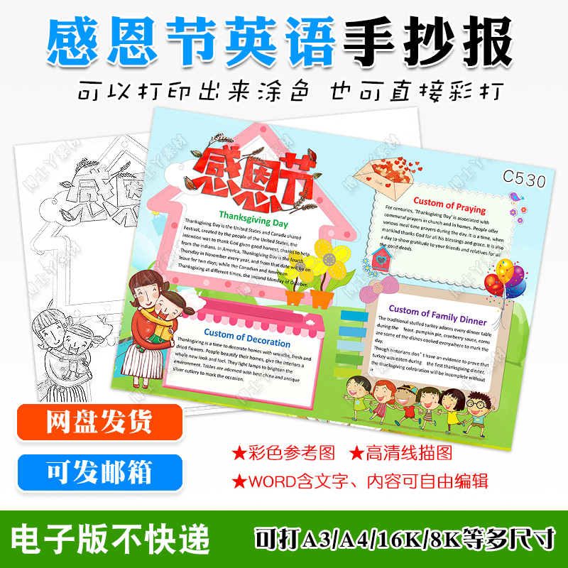 thanks fiving day感恩节英语手抄报电子模板中小学英文小报图片