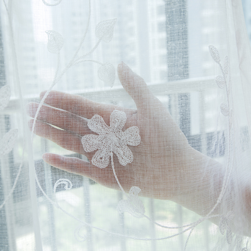 窗帘纱帘白纱田园刺绣绣花棉麻窗纱阳台纱自粘式魔术贴客厅飘窗沙