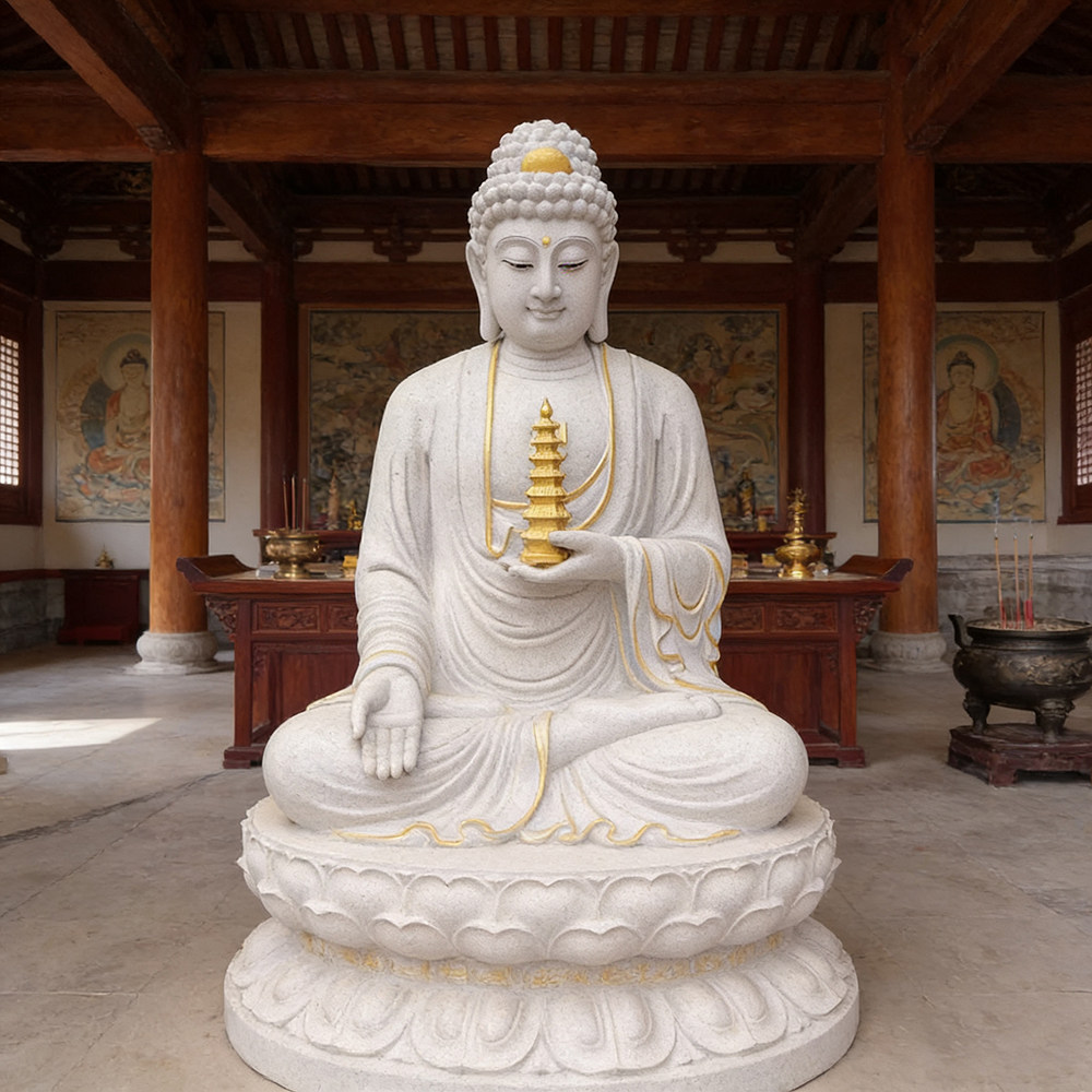 汉白玉石雕阿弥陀佛站像寺庙供奉大型石雕佛像莲花底座定制雕刻品