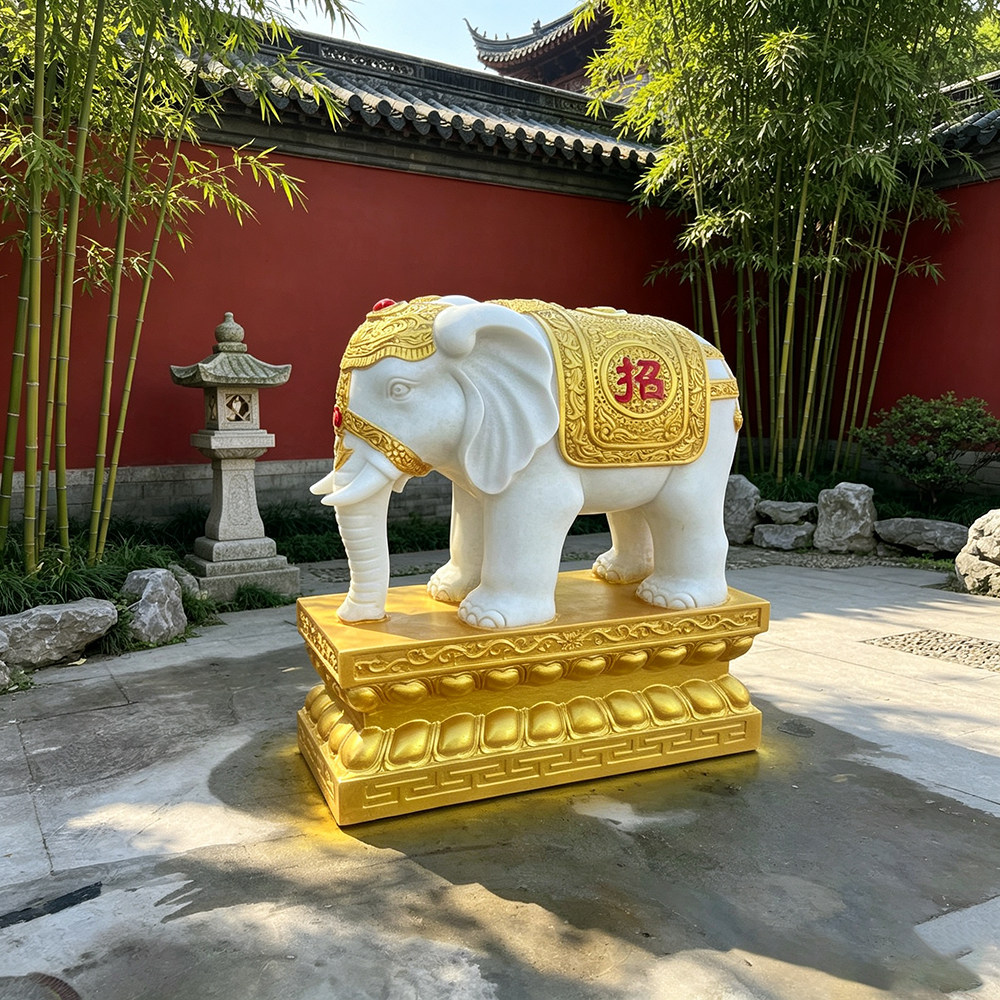 汉白玉描金石雕大象招财进宝别墅门口酒店庭院吉祥吸水象雕塑定制