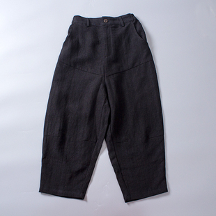 2025秋冬款碳黑色粗支亚麻布半松紧腰九分萝卜裤