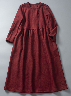 冬季新款羊毛呢裙子高端羊毛文艺深红色复古连衣裙中长款打底裙女