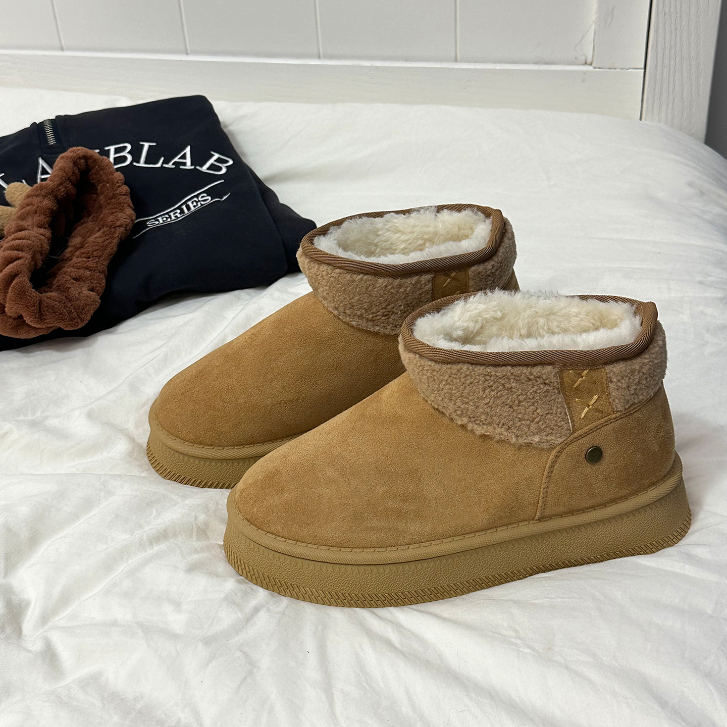 冬天麂皮绒保暖短筒雪地靴棉鞋子