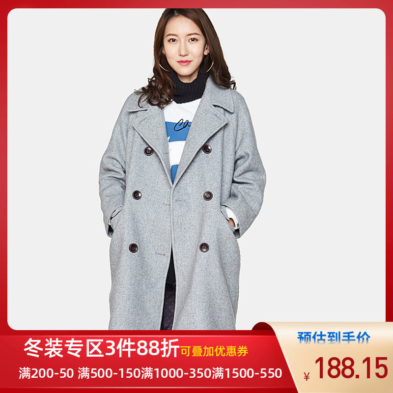 艾格春秋季女装新款韩版宽松休闲时尚中长款双排扣羊毛呢大衣Y10