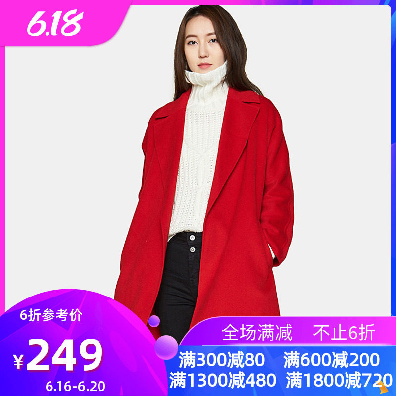 【断码L】艾格 冬季女装时尚百搭休闲个性潮搭中长款大衣外套Y429