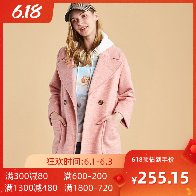 艾格 冬季女装时尚百搭个性潮流西装领休闲中长款毛呢大衣Y215