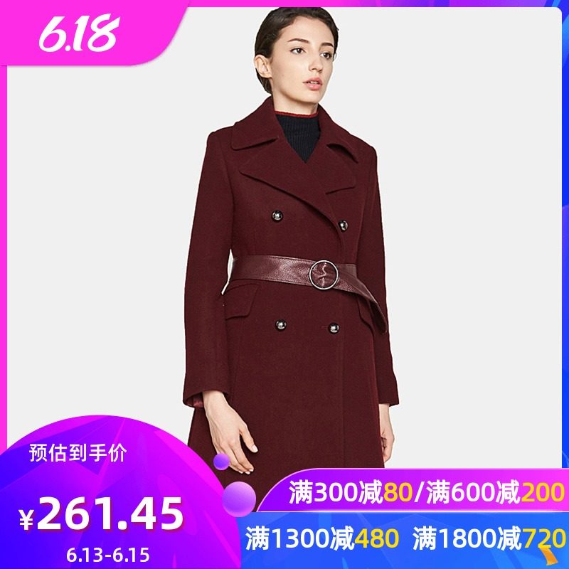艾格官方旗舰店冬季女装时尚百搭西装领中长款羊毛毛呢大衣Y645