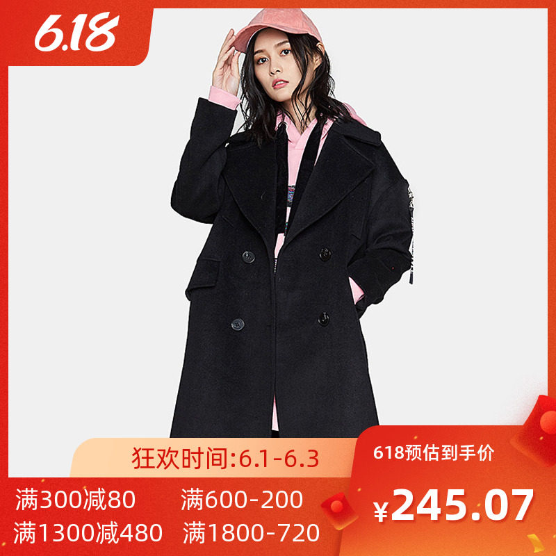 【断码S】艾格2019冬季新品女装纯色中长西装领毛呢大衣Y1253