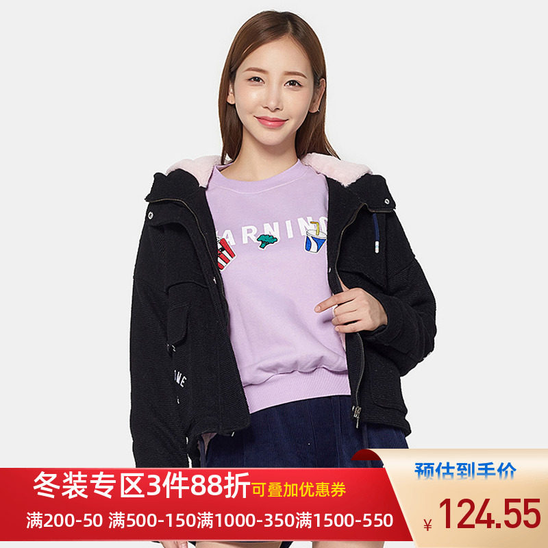 艾格2019新款冬季女装时尚纯色个性百搭简约加厚连帽短外套 Y79