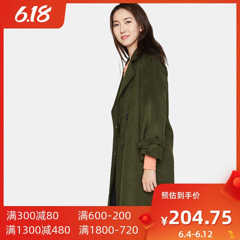 艾格冬季女装韩版流行修身休闲时尚纯色中长款大衣Y186