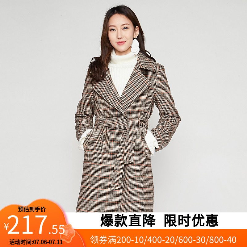 艾格2023春季新品千鸟格修身气质中长款大衣女Y944