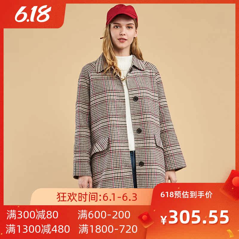 艾格2019新款冬季女装休闲时尚百搭彩色格子中长款毛呢大衣Y193