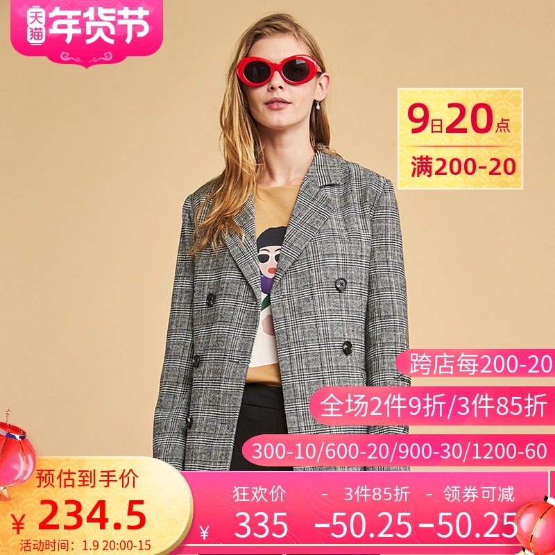 艾格春秋季新品时尚双排扣系带西装领格子外套Y1007