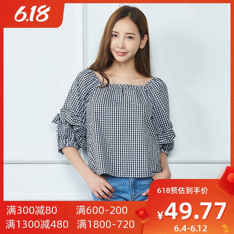 艾格夏季女装时尚百搭休闲一字领舒适直筒格子休闲衫Z210