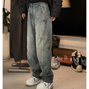 潮牌港风腰果花刺绣春季牛仔裤男宽松宽松复古水洗直筒文艺显瘦
