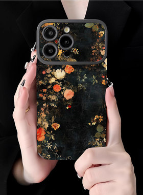 夜花绘卷适用苹果17promax手机壳新款iPhone16pro套15plus复古风艺术ip13pm硅胶防摔12por全包11p带手绳14女