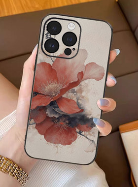 浅红墨韵适用iPhone17苹果16promax手机壳新款15pro保护套14plus国风复古ip13pm硅胶防摔12por全包11带手绳女