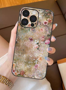 花漾鎏金适用苹果16promax手机壳新款iPhone15pro套14plus油画艺术风ip13pm硅胶防摔12por全包11p带手绳女款