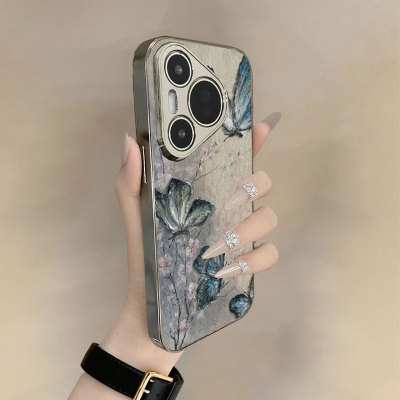 油画蓝蝶适用华为pura80pro手机壳70新款p70ultra中国风p60女款p50高级感p40带p30pro支架50电镀mate60小众40