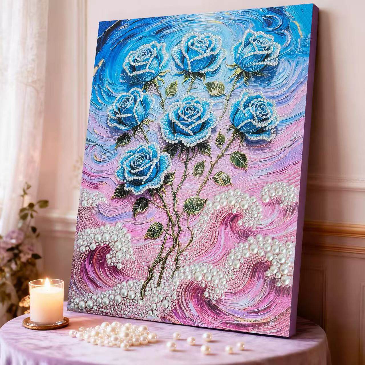 蓝色妖姬珍珠画diy材料包客厅卧室手工装饰画玫瑰花简约现代挂画