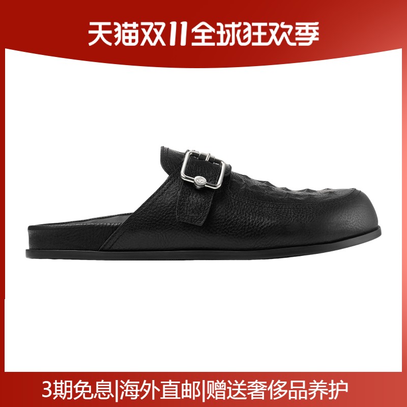 JimmyChoo/周仰杰男鞋黑色皮革星星压花平底休闲穆勒拖鞋