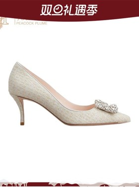 Roger Vivier女鞋灰色织物花呢水晶花朵宝石搭扣6.5CM高跟鞋