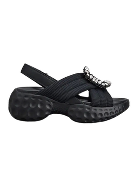 Roger Vivier女鞋 Viv Run Light 黑色柔软水钻搭扣织物凉鞋