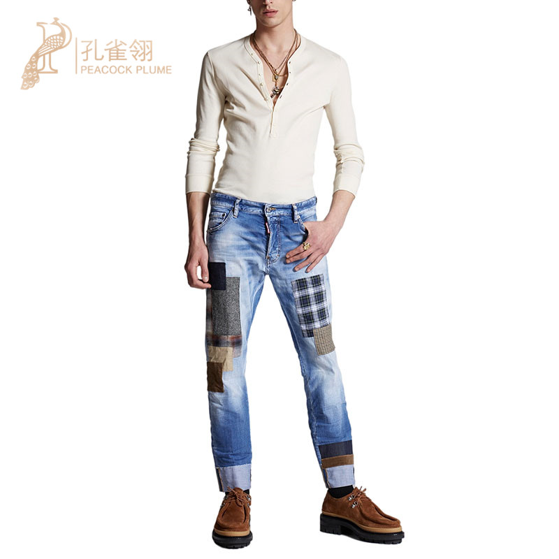 Dsquared2/二次方男士浅蓝色贴片翻边裤腿日常街头水洗牛仔裤长裤