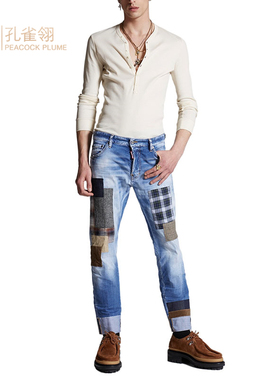 Dsquared2/二次方男士浅蓝色贴片翻边裤腿日常街头水洗牛仔裤长裤