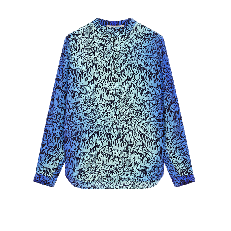 Stella McCartney/斯特拉女士蓝色真丝流体印花立领双绉潮流衬衫