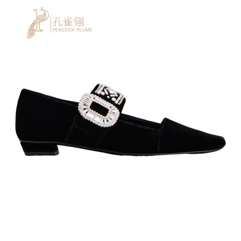 RogerVivier/罗杰维维亚女士芭蕾舞鞋天鹅绒水晶装饰覆盖鞋跟新款