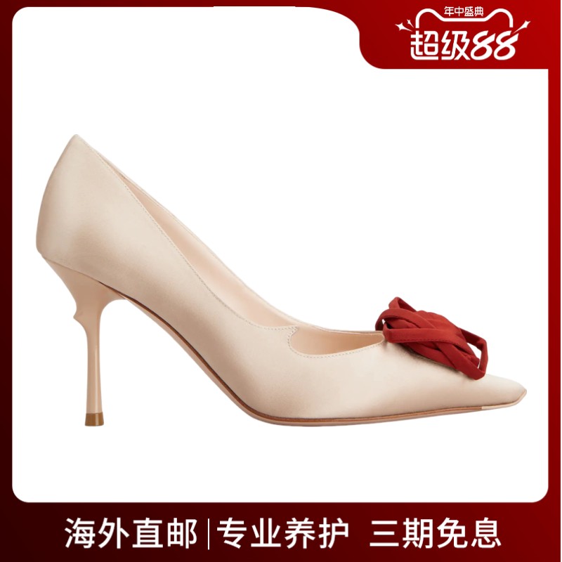 RogerVivier/罗杰维维亚女士高跟鞋玫瑰花蕊鞋跟缎面露趾漆皮新款