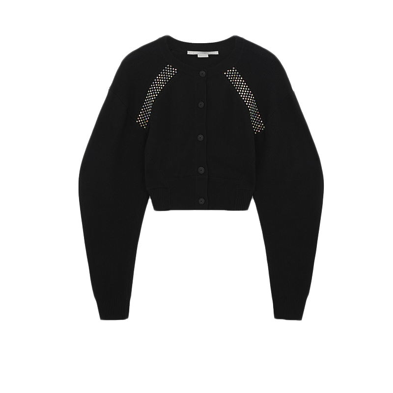 Stella McCartney/斯特拉女士黑色羊毛圆领罗纹纽扣开合户外毛衣