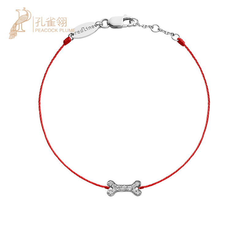 redline红绳女士配饰镶钻 0.06 克拉时尚精美骨头吊坠绳制手链