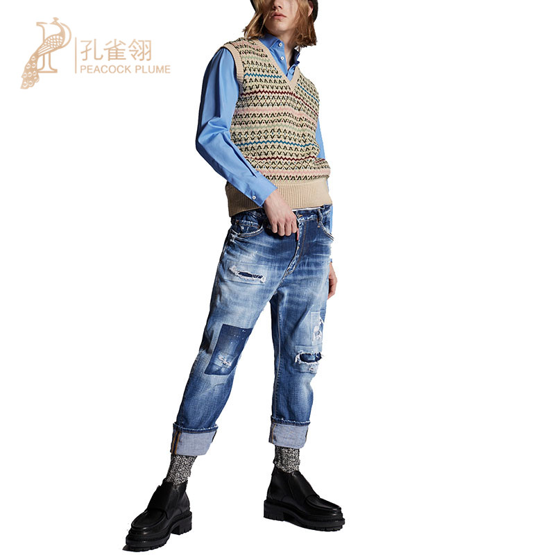 Dsquared2/二次方男士蓝色棉质补丁效果高腰百搭休闲牛仔裤长裤