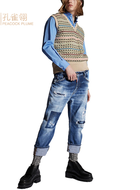 Dsquared2/二次方男士蓝色棉质补丁效果高腰百搭休闲牛仔裤长裤
