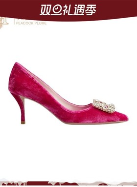 Roger Vivier女鞋红色天鹅绒缎布水晶花朵宝石搭扣6.5CM高跟鞋
