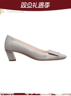 Roger Vivier女鞋精美奢华灰色漆皮金属搭扣方头4.5CM高跟鞋