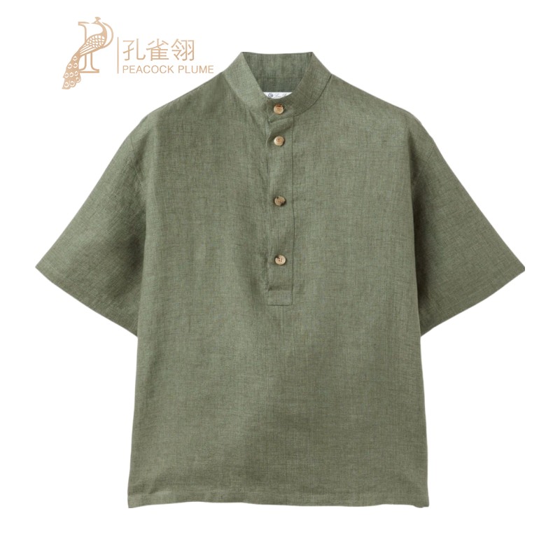 Loro Piana/诺悠翩雅男装平原绿亚麻刺绣中式领衬衫
