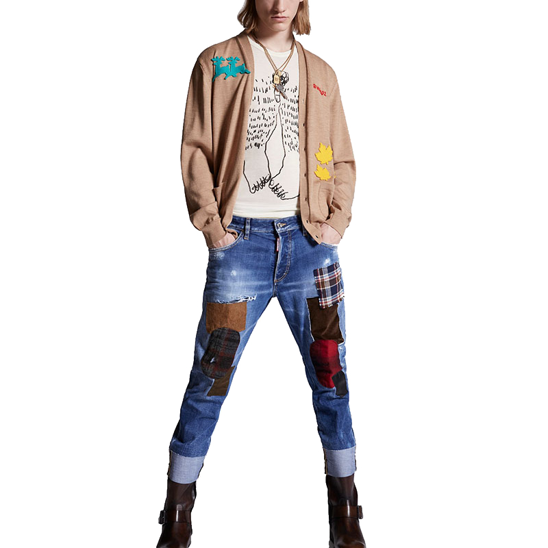 Dsquared2/二次方男士深蓝色贴片效果翻边裤腿休闲日常牛仔裤长裤