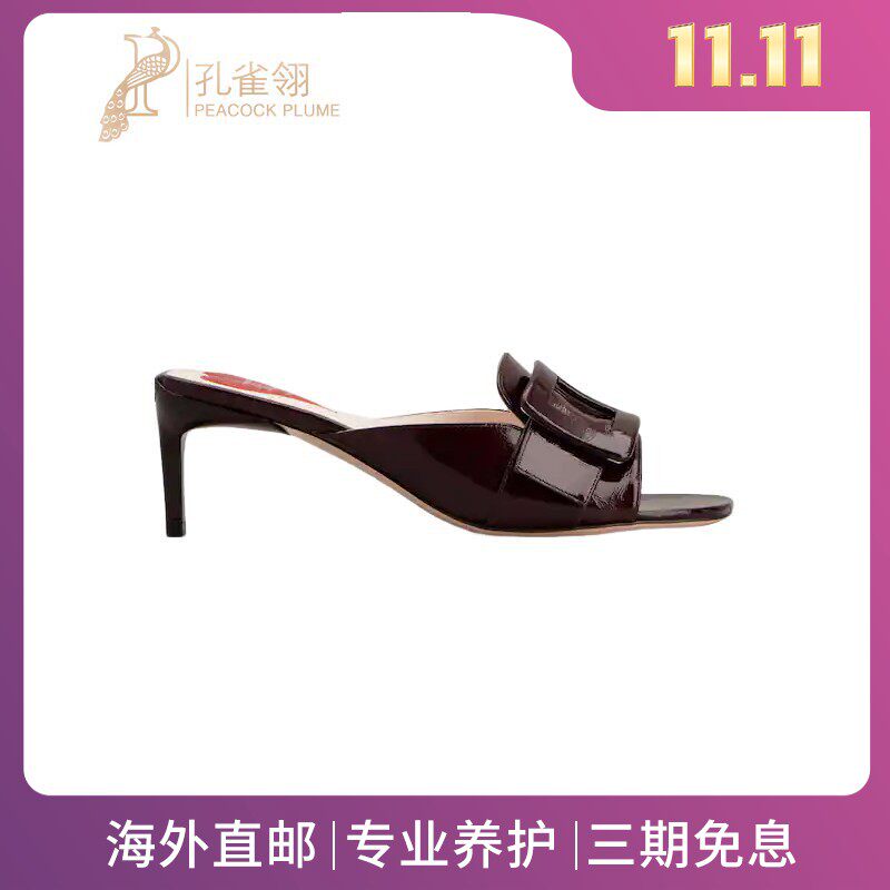 RogerVivier/罗杰维维亚女士穆勒鞋漆皮小猫跟心形衬垫新款