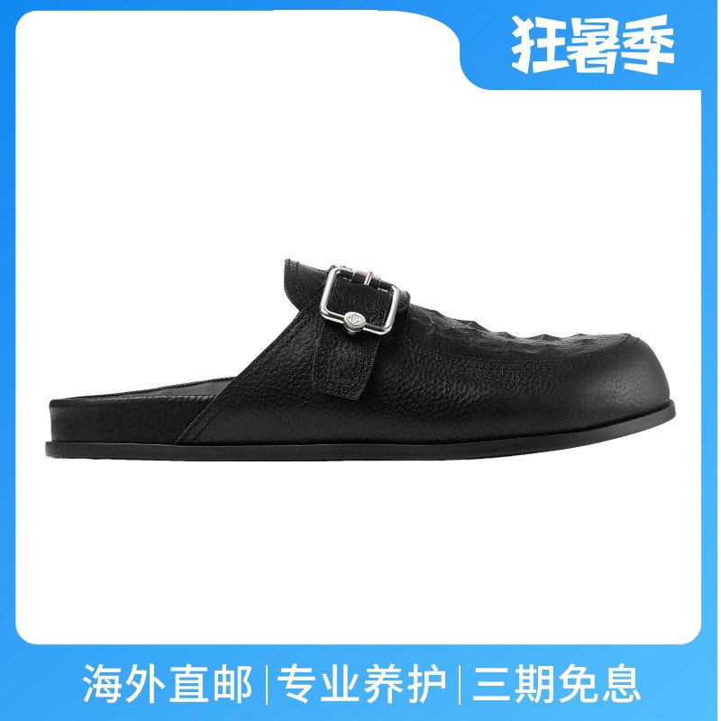 JimmyChoo/周仰杰男鞋黑色皮革星星压花平底休闲穆勒拖鞋