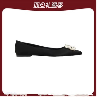 花朵水钻扣缎面芭蕾舞平底鞋 黑色经典 Vivier女鞋 Roger