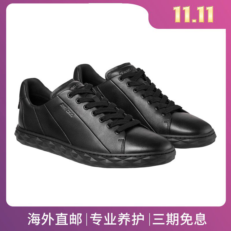 JimmyChoo/周仰杰男鞋黑色牛皮革鞋面系带低帮休闲运动鞋
