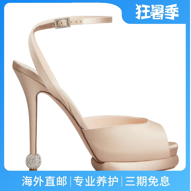 RogerVivier/罗杰维维亚女士凉鞋缎面圆柱高跟水晶搭扣脚踝带新款