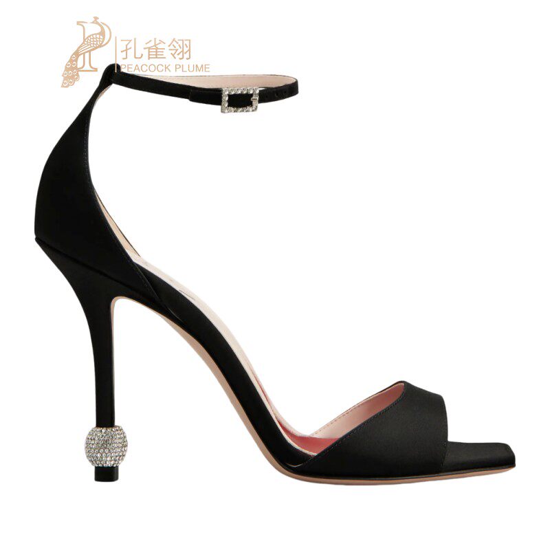 RogerVivier/罗杰维维亚女士高跟鞋缎面水晶踝带心形衬垫新款
