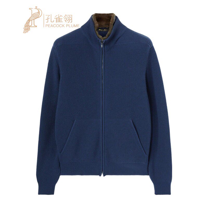 Loro Piana/诺悠翩雅男装罗纹衣领拉链羊绒蓝色飞行员夹克