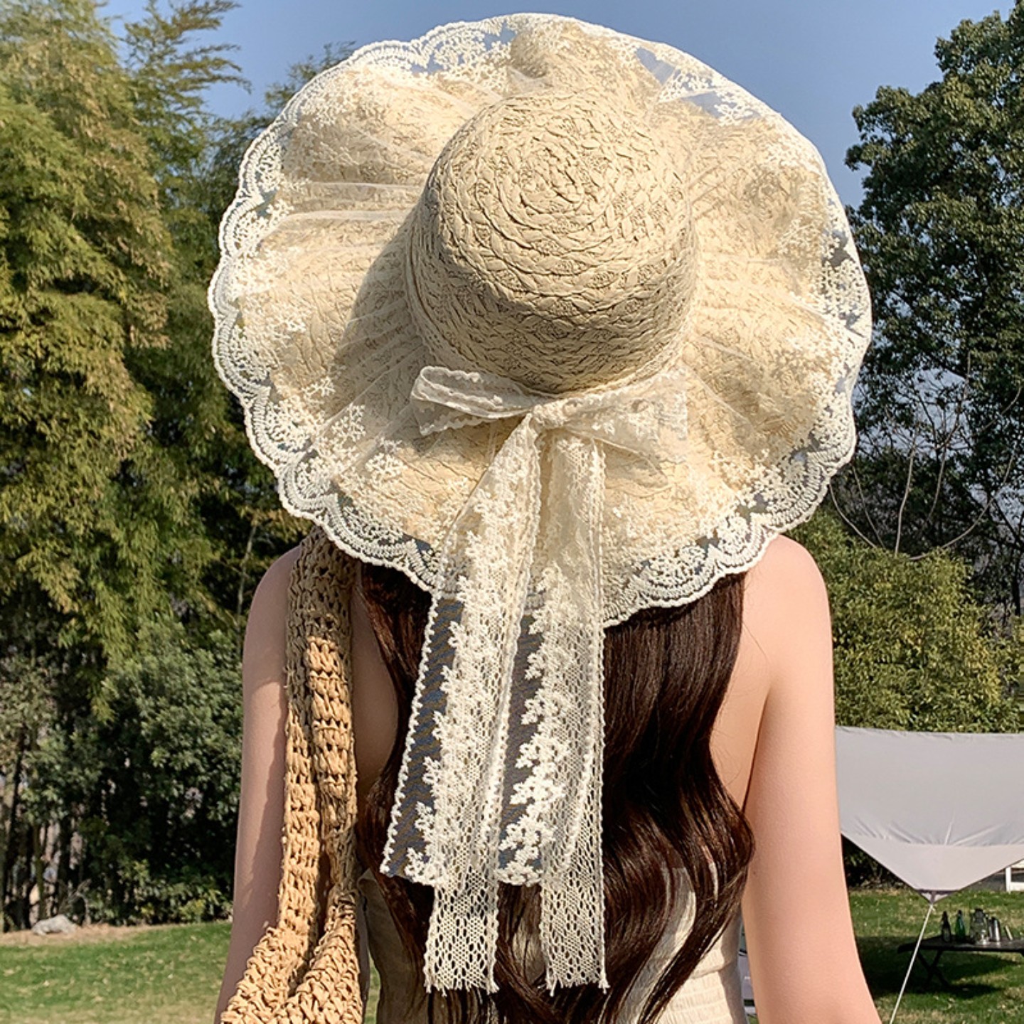 蕾丝草编防晒帽女 大檐蝴蝶结遮阳帽 夏季户外度假草帽女士帽子