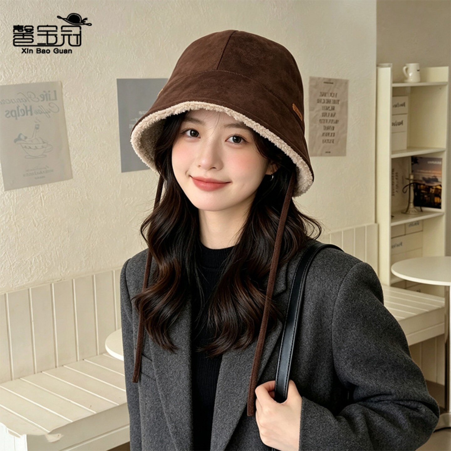 秋冬季户外防寒保暖帽子女加绒护耳盆帽韩版时尚麂皮绒绑带渔夫帽